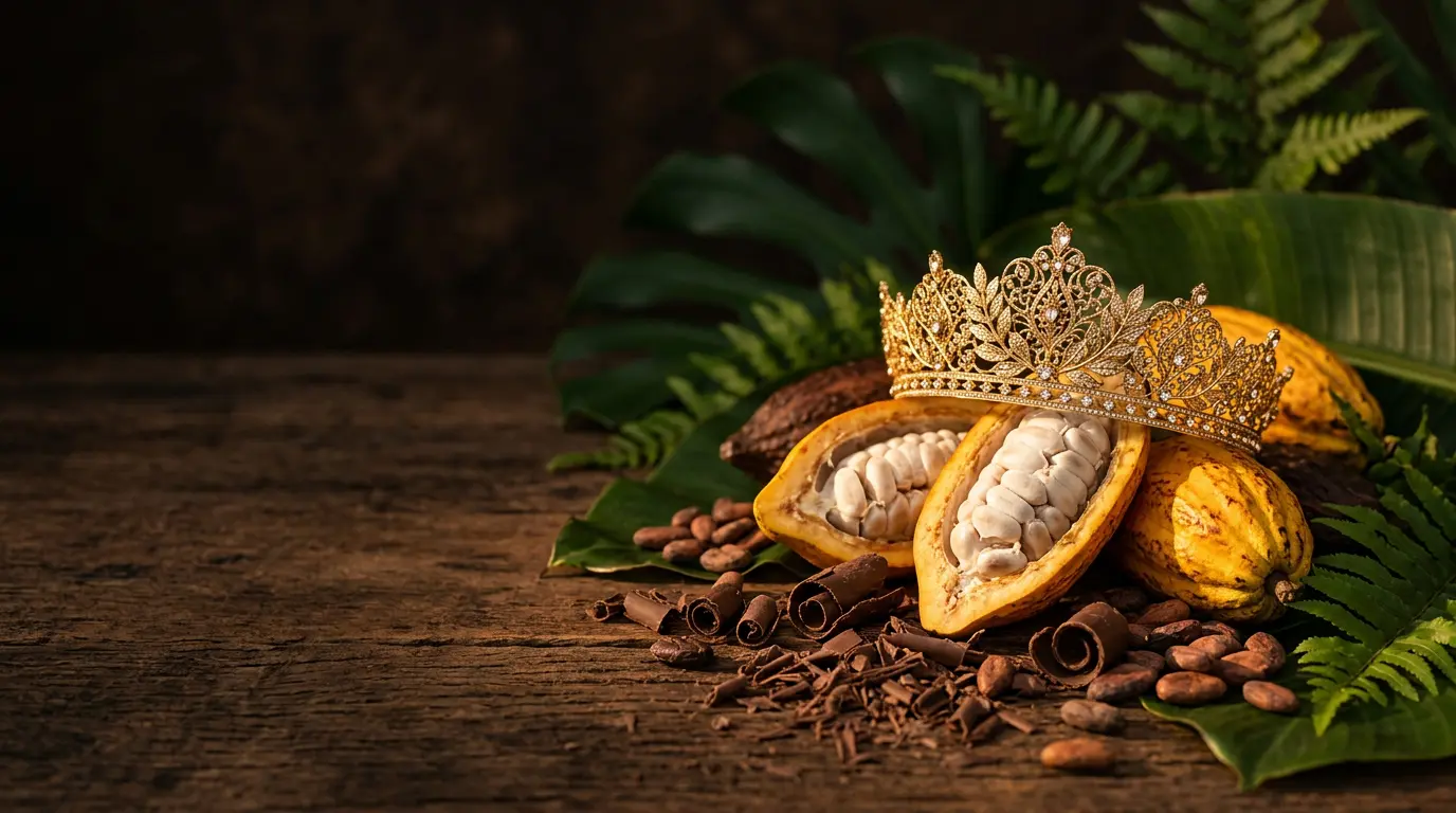 Corona dorada sobre mazorcas de cacao abiertas